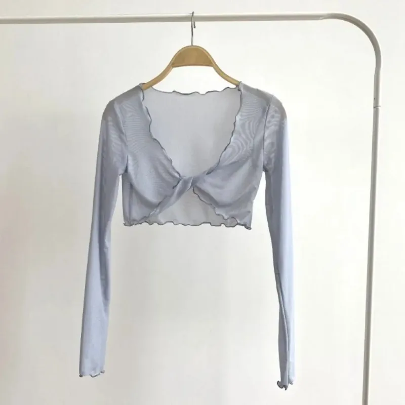 1PC Casual Pleated Mesh Knot Long Sleeved Sun Protection Top for Women's Beach Wear Ladies' Top