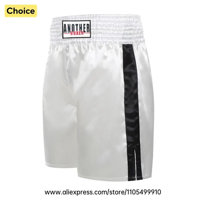 Herren Damen Boxtraining-Shorts Glänzend Weiße Satin-Shorts mit Hoher Taille Schwarzer Seitenstreifen Split-Shorts für Kickboxen Sparring MMA