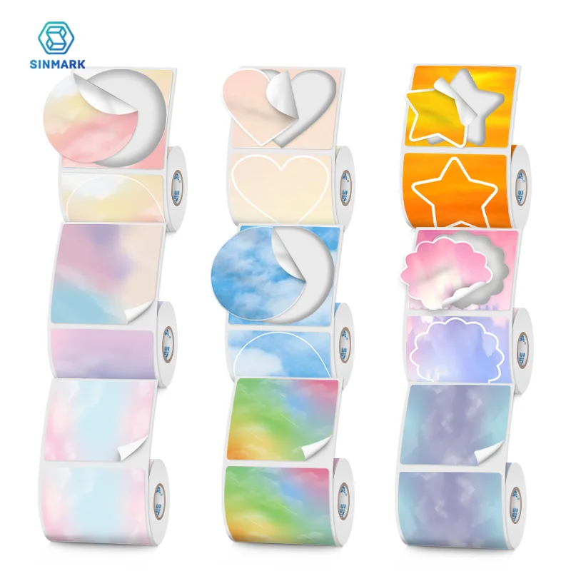 2 Rolls Color Thermal Label Paper 50mm Wide Clouds Round Waterproof Labels Cute Handmade DIY Stickers Use for Thermal Printer
