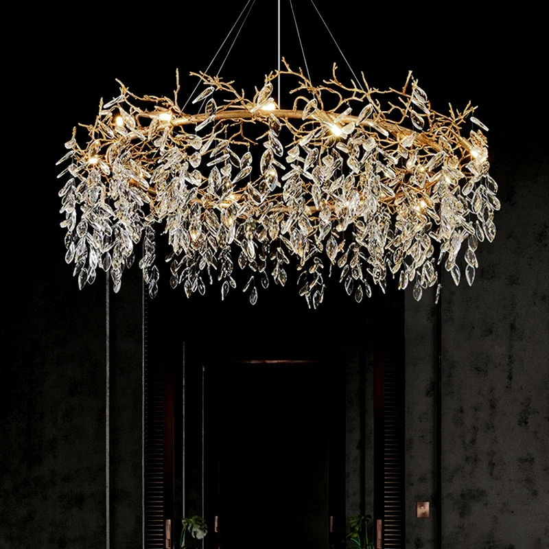 

Luxury Modern Crystal Chandeliers Metal Long Round Hanging Lamp for Dining Living Room Decor Hotel Hall Art Gold Light Fixtures