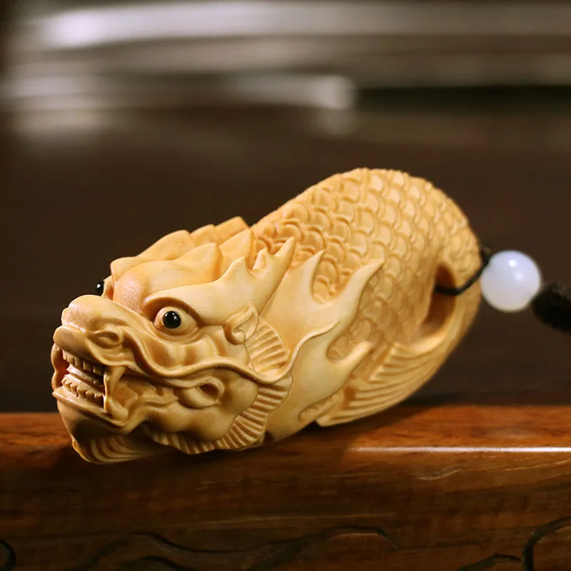 

2.7 INCH Dragon Pendant Hand Carved Boxwood Figurine Wealthy Dragon Fish Netsuke Feng Shui Sculpture - #W197