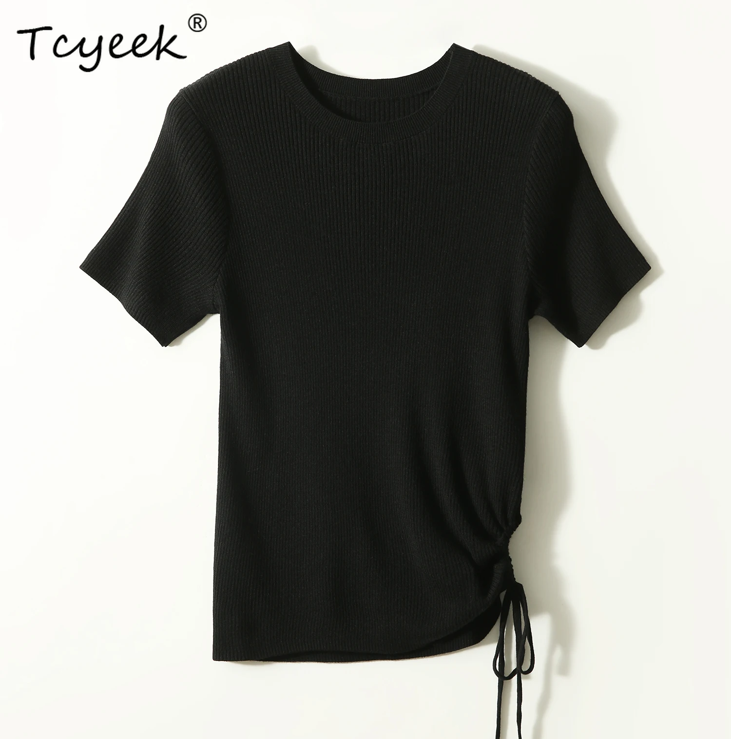 

Tcyeek, 5%Mulberry Silk Elegant Knit T-Shirt, Women Short Sleeve Shirring, OL Commute Casual Top, 2024 Summer Autumn T46664QM