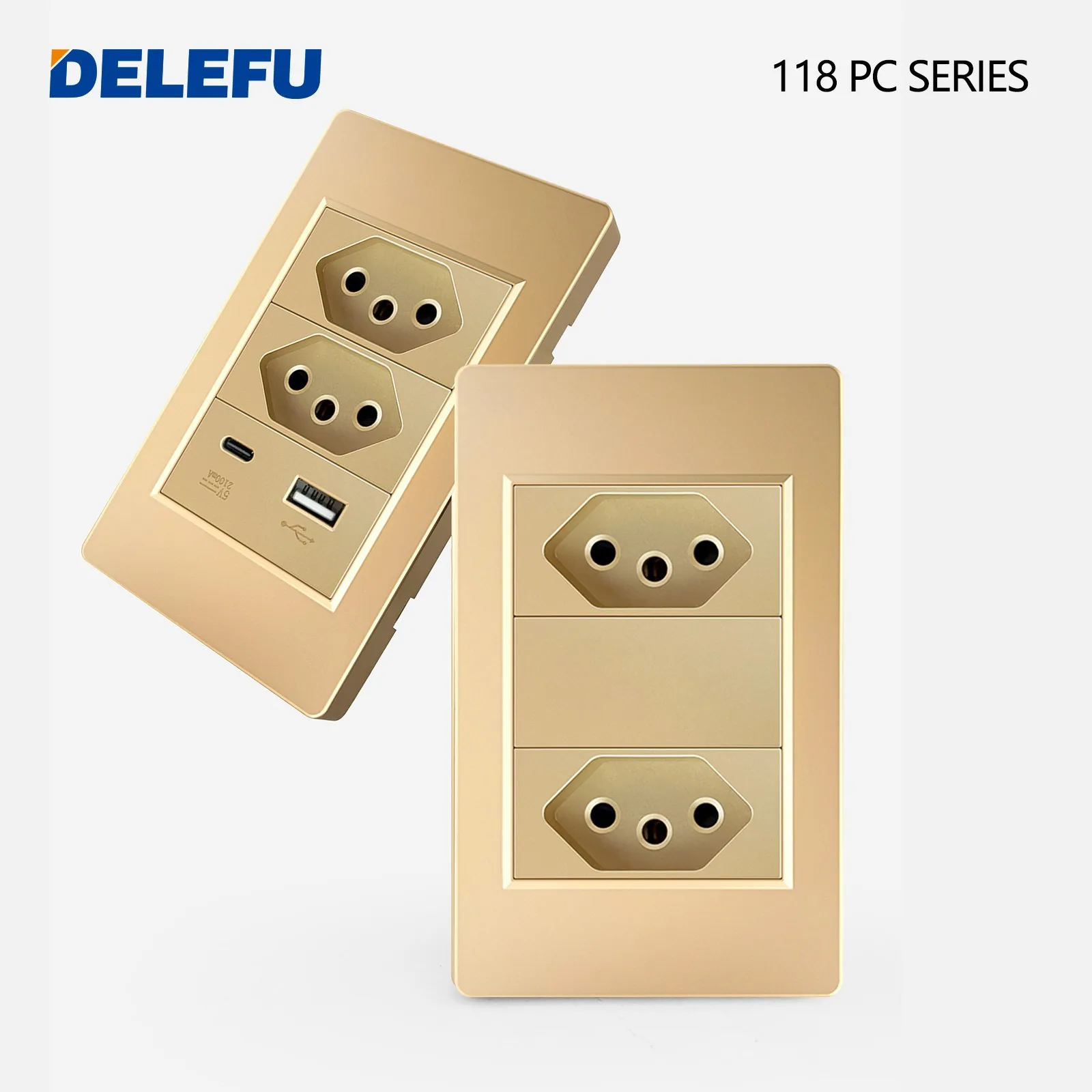 DELEFU Brazil Standard 10A 20A Gold Fireproof PC Panel Dual USB Type C Home Wall Light Switch Safe Power Socket