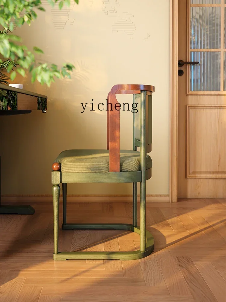 

ZK Solid Wood Chair Living Room Vintage Soft Cushion Balcony Tea Chair Host Seat Curved Backrest Mid-century Style Leisure Chair