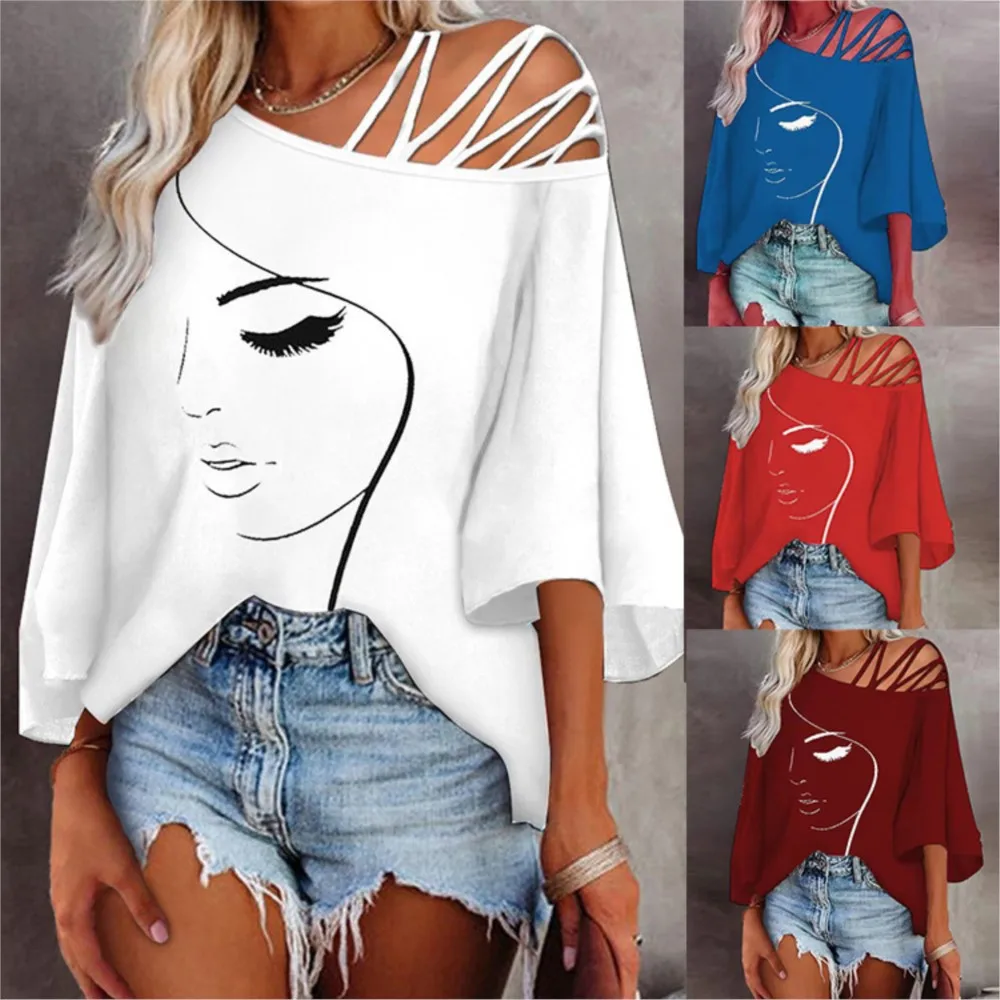 Casual Short Sleeve Tops T Shirt Tees Women's T-shirts Blusas Athleisure All-match Simple Style Hollow Out Off Shoulder Printed
