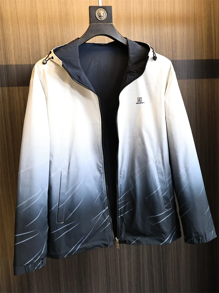 

adient Color Double-Sided Wear Casual Hooded Men's Jaet Stand Fit Polyester Fiber Long Sve Zipper Closure Faion U...