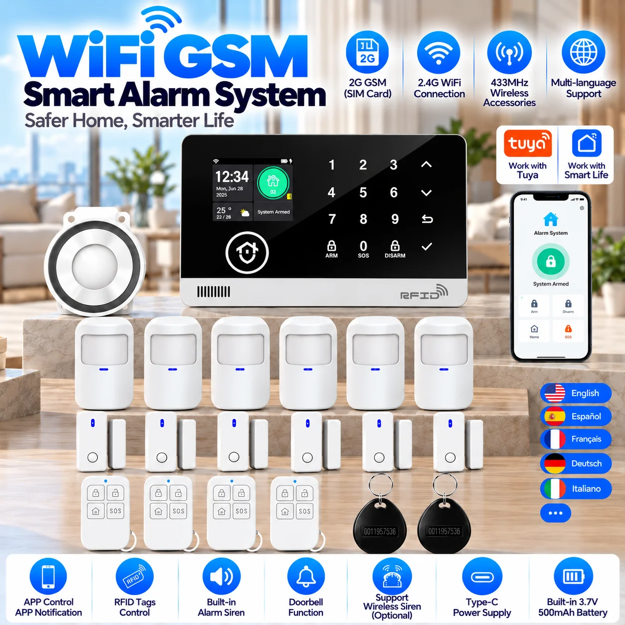 WIFI GSM Alarm System Wireless Home Burglar Security Alarm System Work with Tuya APP Control 433MHZ Door Motion Detector PIR