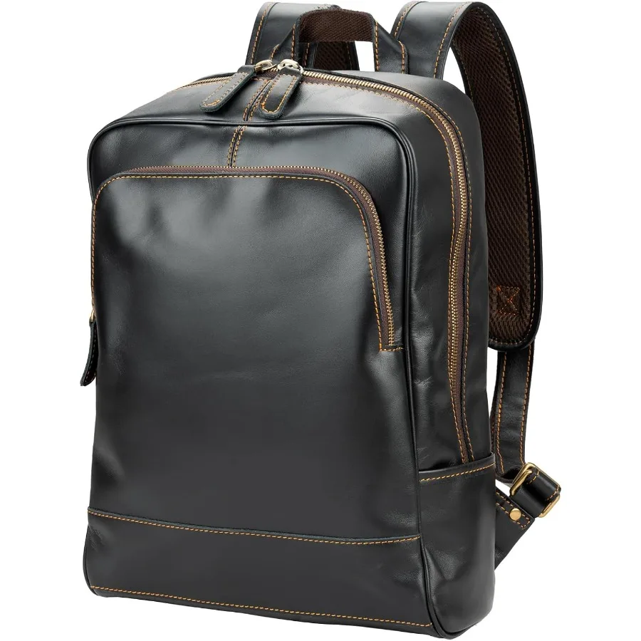 حقيبة ظهر جلدية للرجال مقاس 15.6 بوصة حقيبة ظهر للكمبيوتر المحمول 100% مدغشقر حقيبة ظهر من الجلد المحبب باللون الأسود مقاس متوسط #1