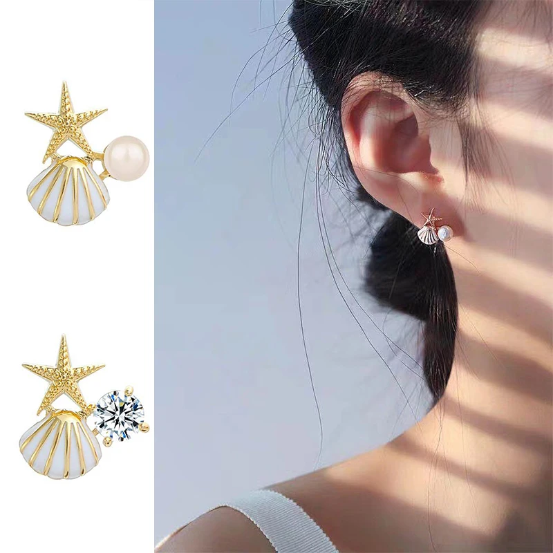 European and American Fashion Personality Simple Asymmetric Zircon Earrings Refined Starfish Shell Pearl Earrings Women