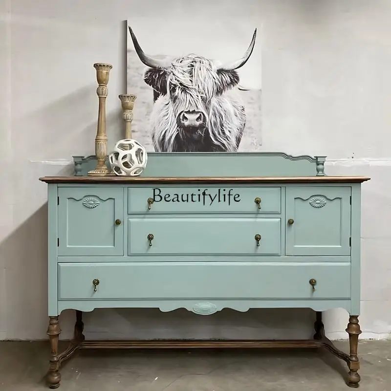

French Light Luxury High-End Solid Wood Entryway Cabinet American European Carved Vintage Sideboard Cabinet