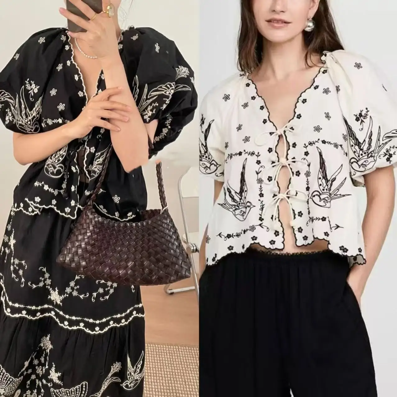 

Retro Sle Bubble Sve irt with Lace up Detail Hollow out Embroidery Flird Print Loose Fit Cotton Spring Summer Ne...