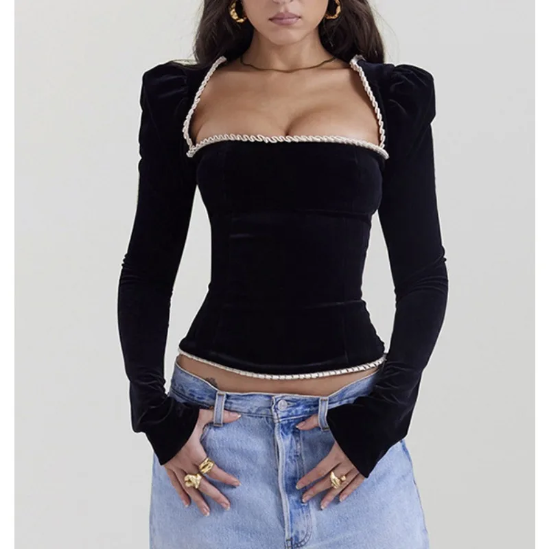 

Autumn New Fashion T-shirt Square Collar Long Sleeve Sexy Temperament Strapless Top Woman