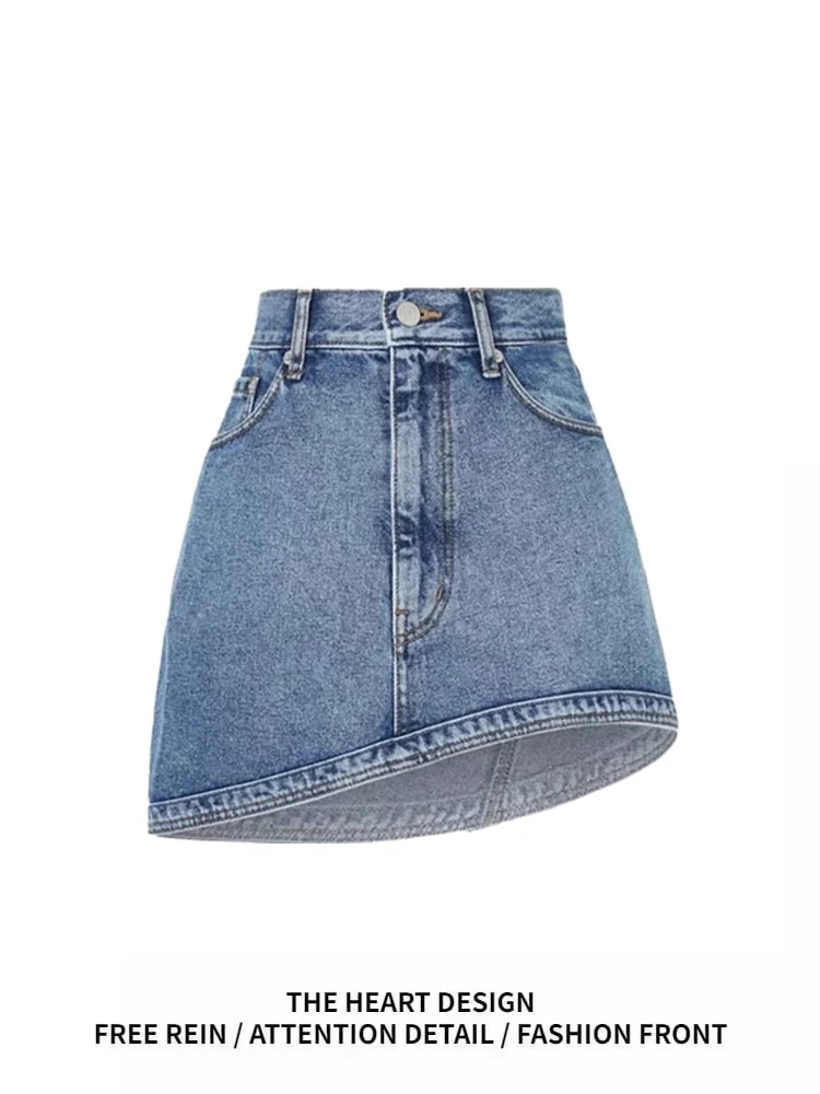 

Асимметричная джинсовая юбка трапециевидной формы в американском стиле ретро, женские летние утягивающие юбки с косым вырезом, повседневные юбки из полиэстера со средней талией