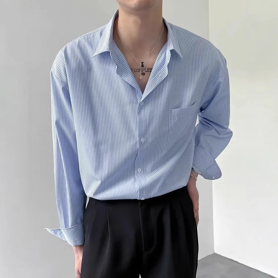

Shirt Men's Korean Edition Fashion Blue Striped Long Sleeve Shirt Casual Lapel Jacket Top