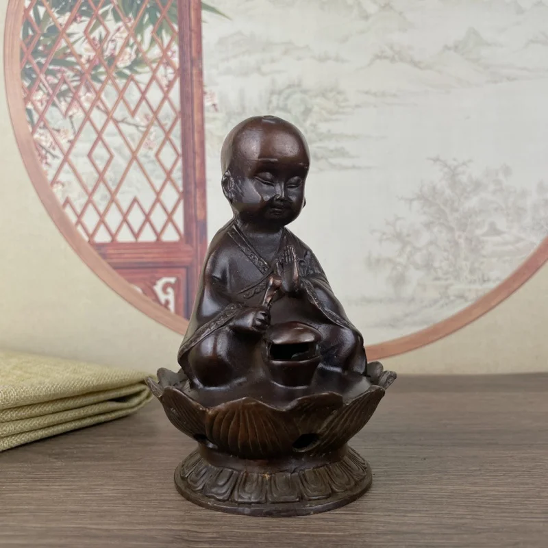 Antique Copper Incense Burner Decoration Lotus Small Mi Buddha Statue Two-Sleeved Breeze Incense Burner Home Decoration Vintage