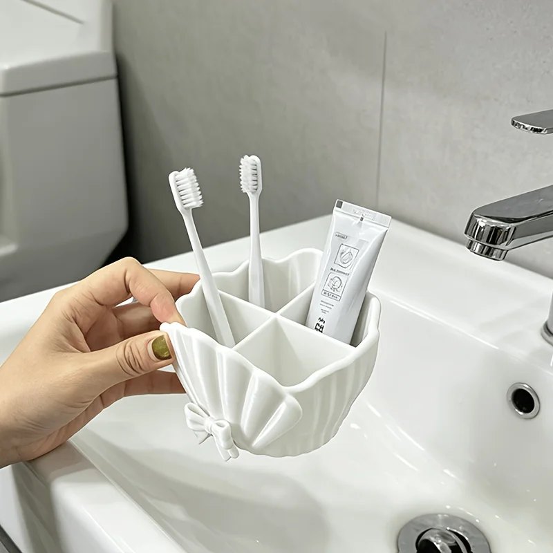 Cute Seashell Bowknot 4‑Compartment Storage Holder, 3D‑Printed Bathroom Toothbrush &Makeup Brush Organizer for Vanity Countertop
