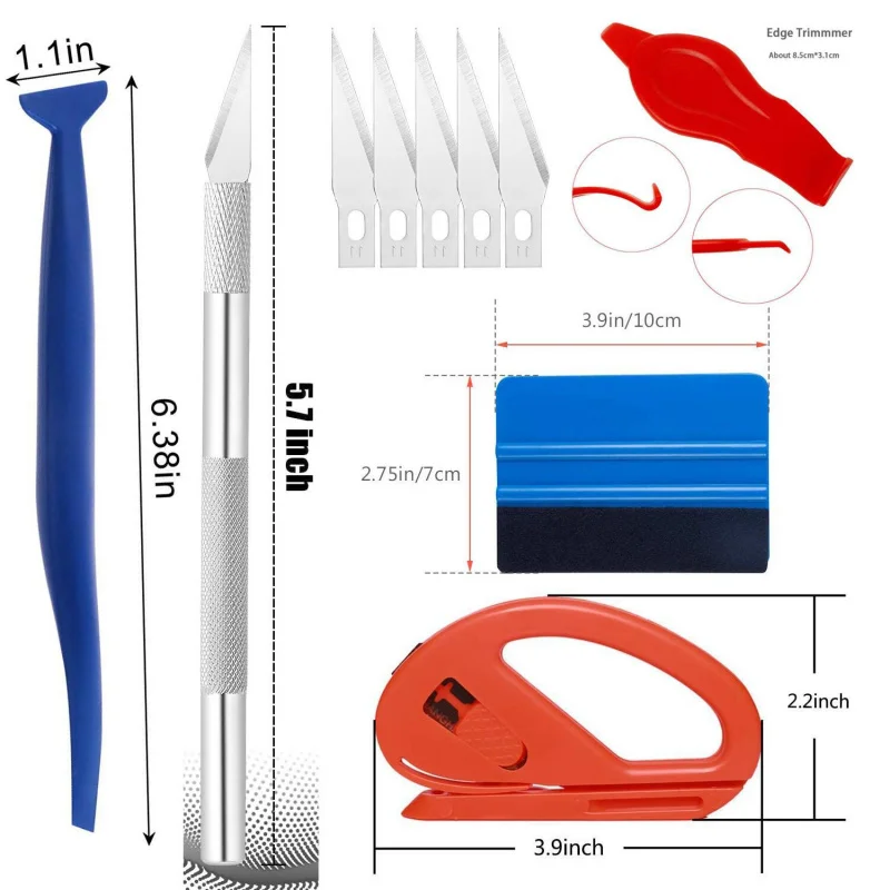 27-piece automotive film installation kit with repair tool, felt edge scraper, vinyl film transfer scraper, and stickers
