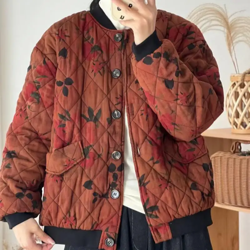 

New Arrival Autumn Winter Arts Style Women Long Sleeve Loose Short Coats High Quality Cotton Linen Vintage Print Thicken Jackets