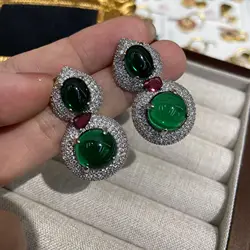 Women Natural Chalcedony Full Diamond Plated S925 Silver Green Zircon Stud Earrings 2025