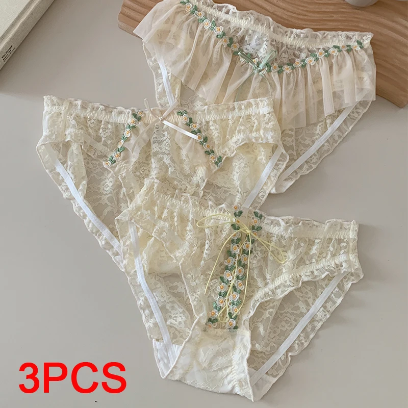 3Pcs Transparent Triangular Panties for Women Underwear Lady Fashion Flowers Lace Women's Lingerie Sexy Panties Set Pack Briefs