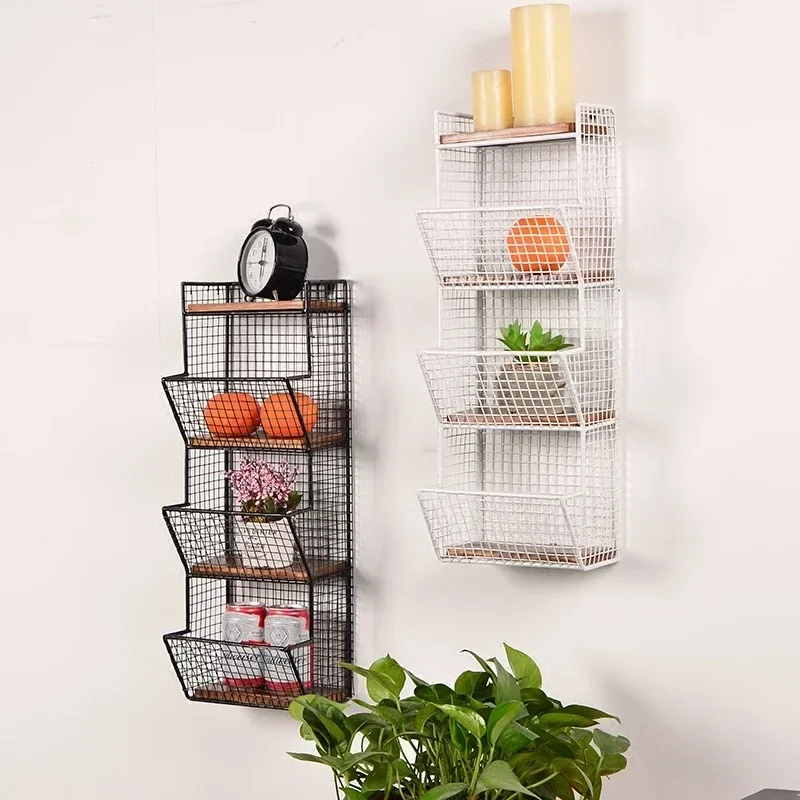

Creative Punch-Free Storage Rack - Iron Wall Storage with Good Air Permeability, Wood Wall Hanging Kitchen Bathroom Rack