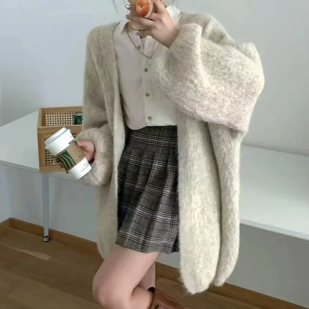 Women Open Front Fuzzy Long Knit Cardigan Loose Oversized Long Sleeve Solid Beige Warm Sweater Coat For Autumn Winter Daily Wear