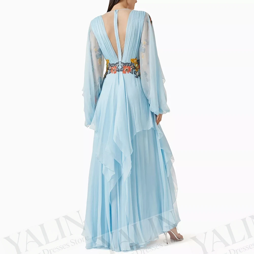 

Women's A-line Evening Dresses Ankle-length O-neck Full Sleeve Prom Gown Fashion Flowers Pleat Simple Draped Customized Gowns