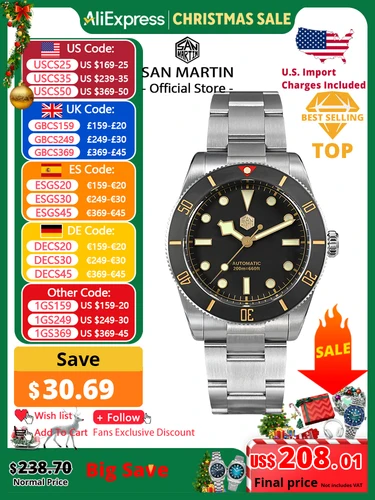 Imagen 1 del producto San Martin nuevo reloj de buceo Vintage BB54 de 37mm NH35 relojes de pulsera mecánicos automáticos para hombres zafiro luminoso resistente al agua 200m SN0138