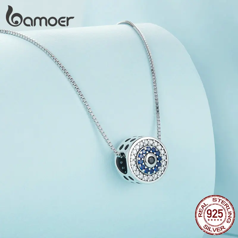 Bamoer 100% 925 Sterling Silver Blue Crystal Evil Eye Necklace Lucky Eye Neck Chain for Women Birthday Gift Fine Jewelry