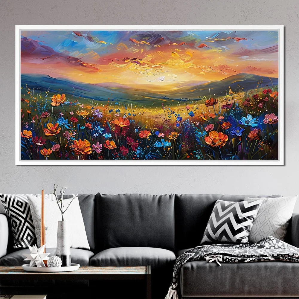 3D Texture Colorful Wildflowers Under Golden Sunlight Landscape Canvas Painting Abstract Mountains Sunset Poster Wall Home Decor