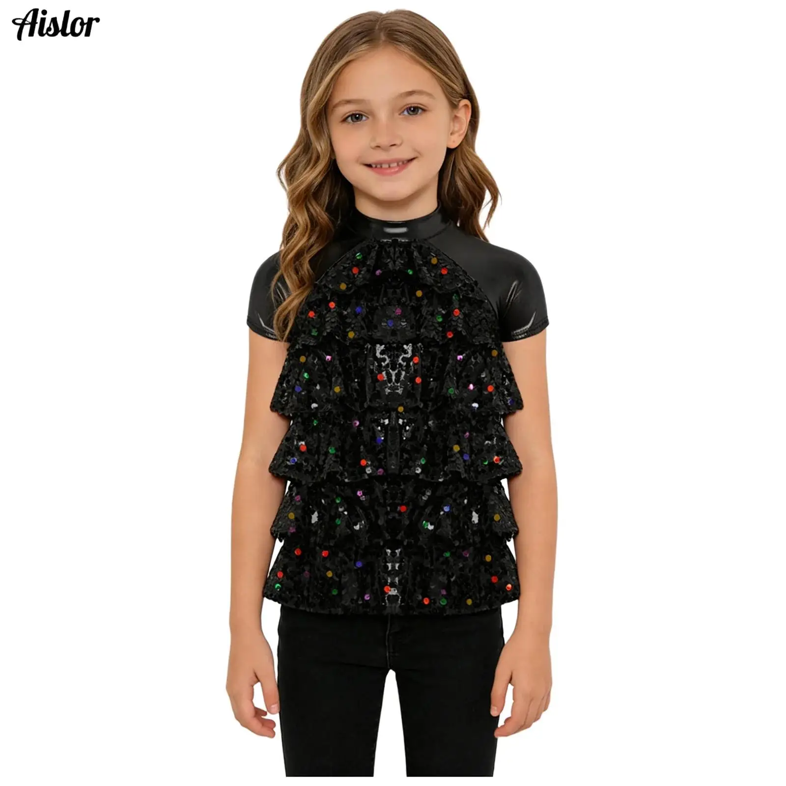 

Kids Girls Sequins Tiered Jazz Dance T-shirts Top Shiny Short Sleeve Solid Top for Jazz Dancewear Stage Performance Costume
