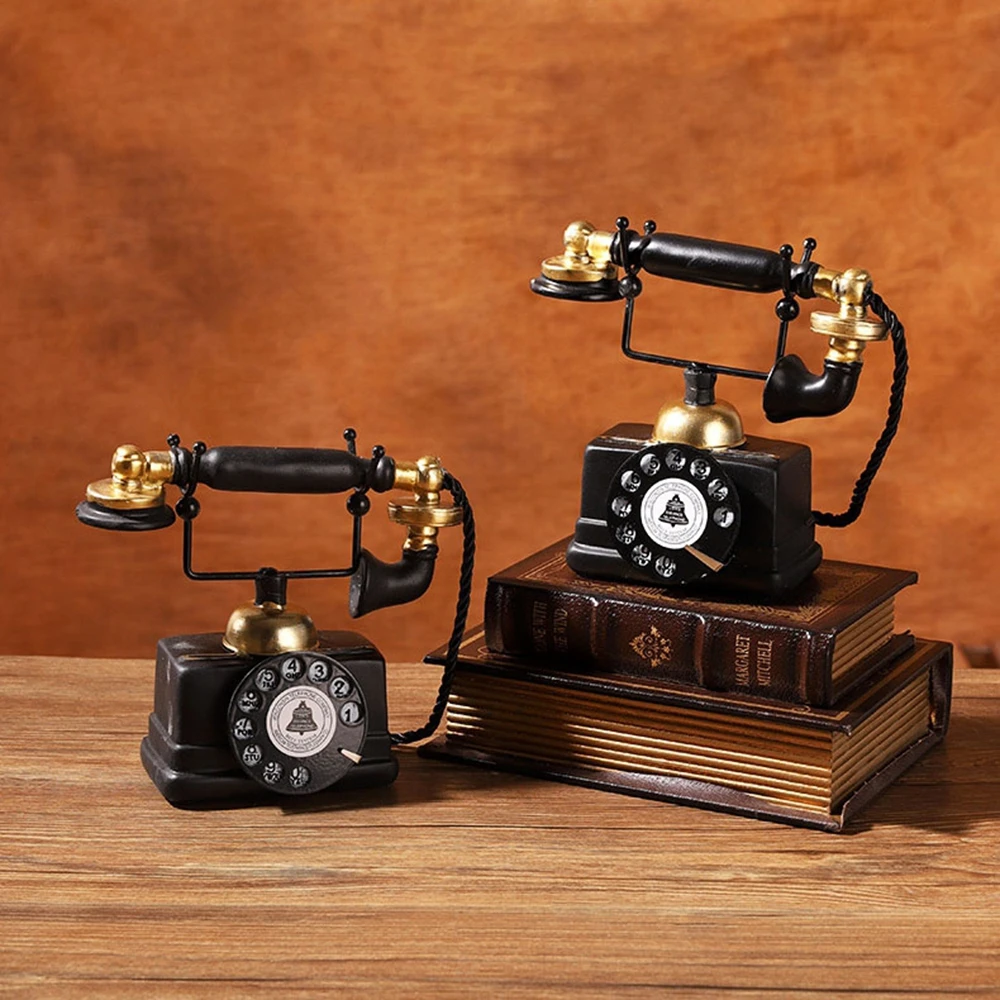 Vintage Rotary Telephone Model Retro Black Gold Candlestick Phone Resin Statue Home Office Desk Decor Ornament Gift