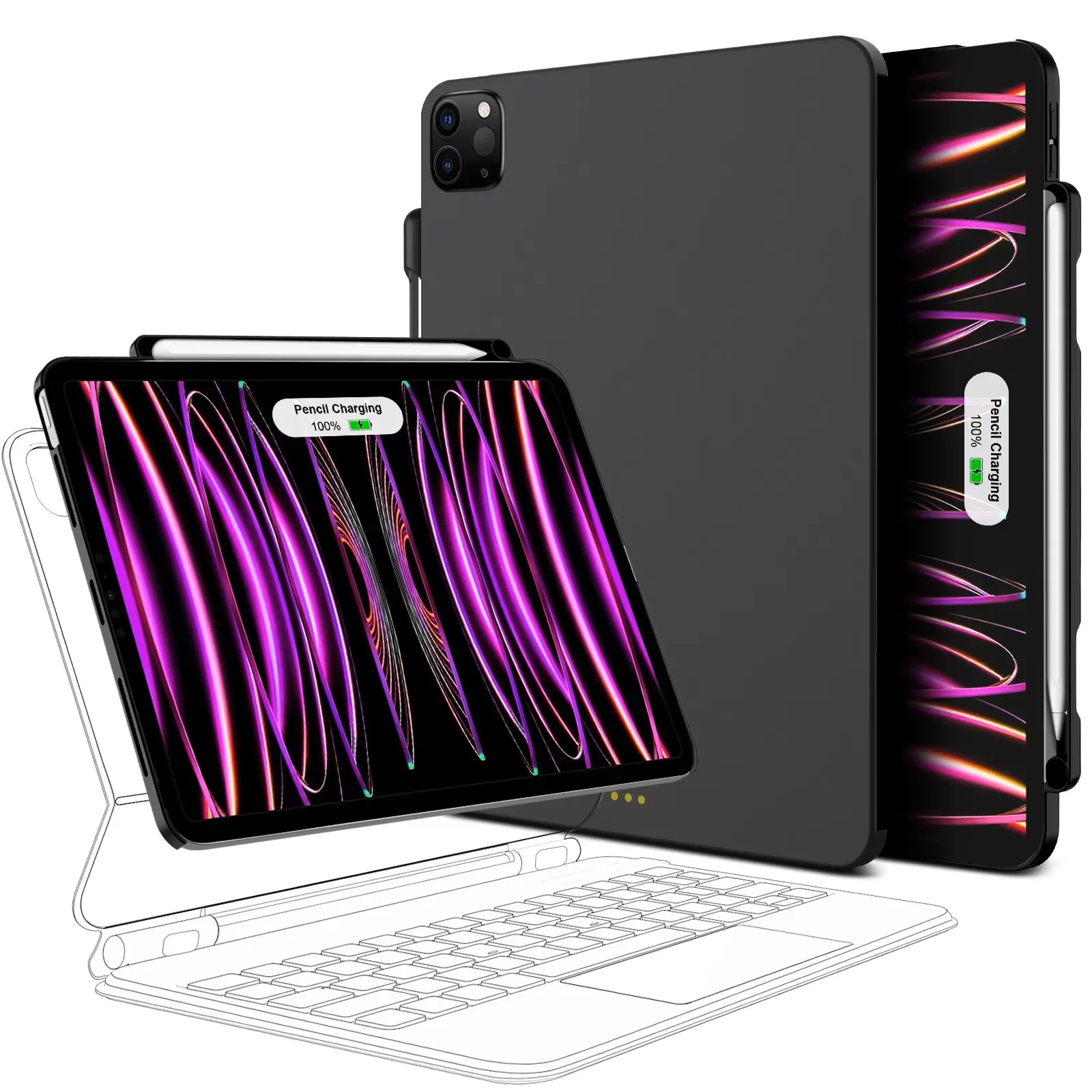 Black Magnetic Case for iPad Pro 11 13 2024 M4 Air6 Air4 air5 iPad Pro 12.9 inch Magic Keyboard Compatible Cases Pencil Holder