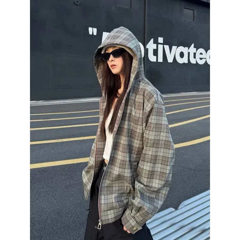 

2024 New Men's Plaid irt Zipper Hoodie American Trendy Brand Jaet Cleanfit Coat Autumn Season Polyester Fiber Long Sve