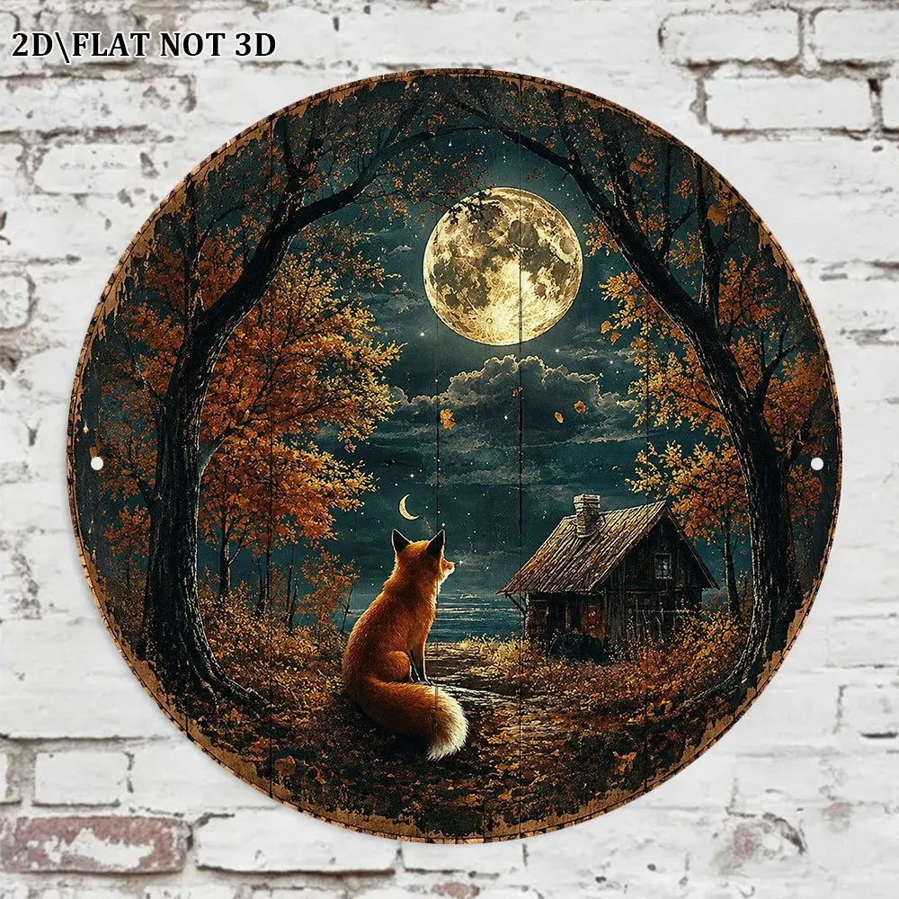 1pc 20.32 X 20.32 cm 2D Flat Circular Sign, Featuring Moonlit Fox, Vintage Plaque, Forest Cottage Autumn Leaves Decorative Sign,