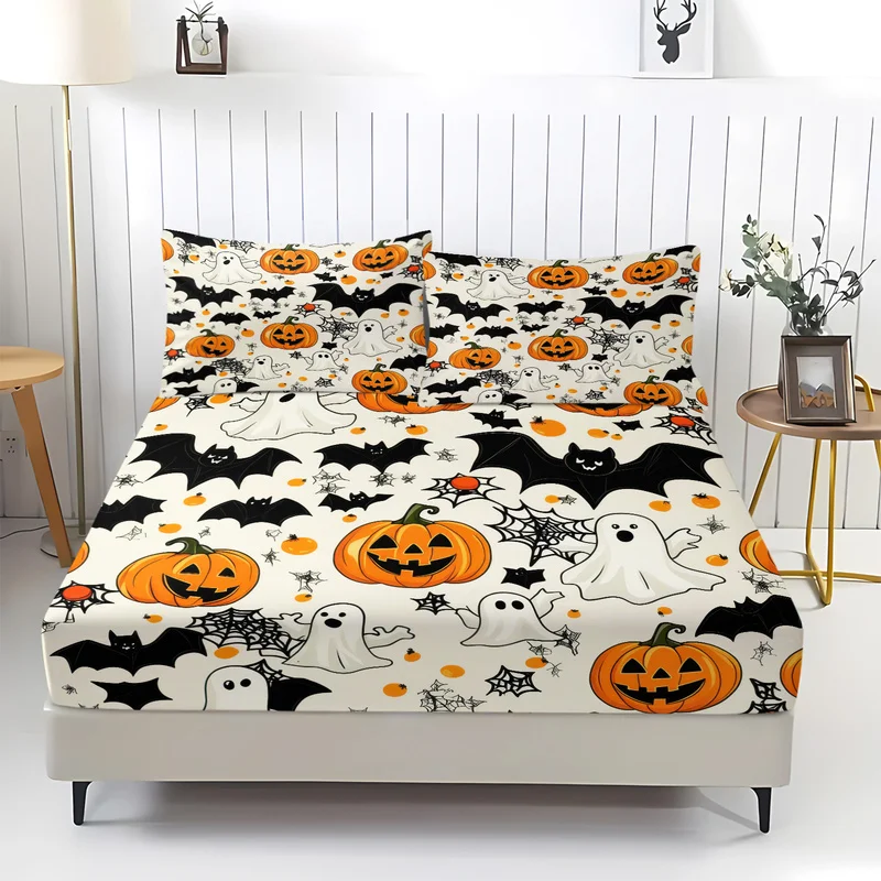 3Pcs Halloween Ghost Pumpkin Fitted Sheet Set Spider Web Bat Pattern Bed Mattress Cover Soft Bedding Decor With Pillow Covers