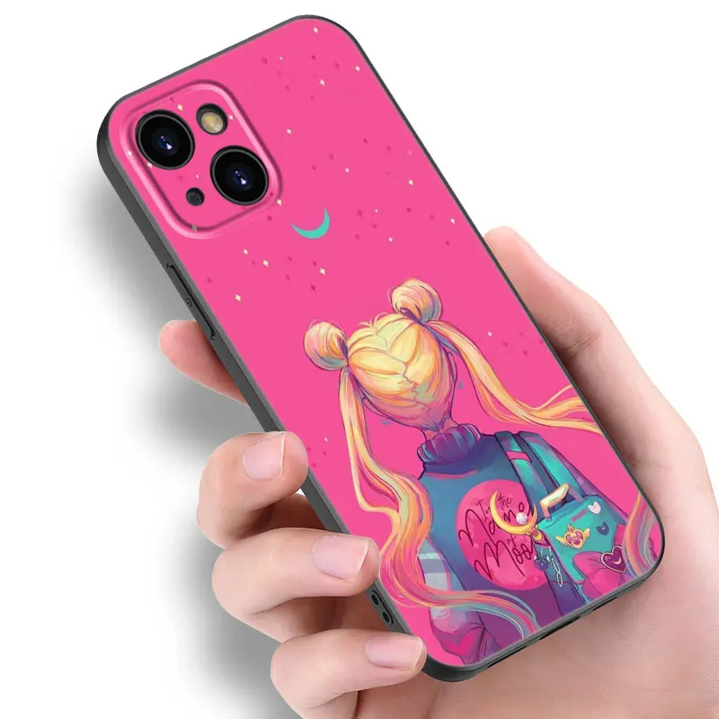 Czarne silikonowe etui na telefon Anime Sailor Moon Apple iPhone 12 13 Mini 11 14 15 Pro Max 7 8 Plus X XR XS SE 2020 2022