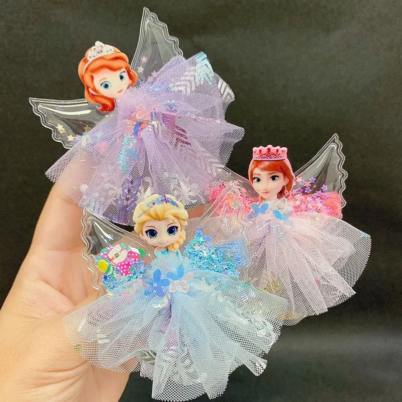 Pinza para el pelo de princesa con alas de arena movediza de Disney, velo de nieve blanco Elsa, serie de vestidos, accesorios para el cabello, pinza para el pelo para niñas, Clip de pico de pato Frozen