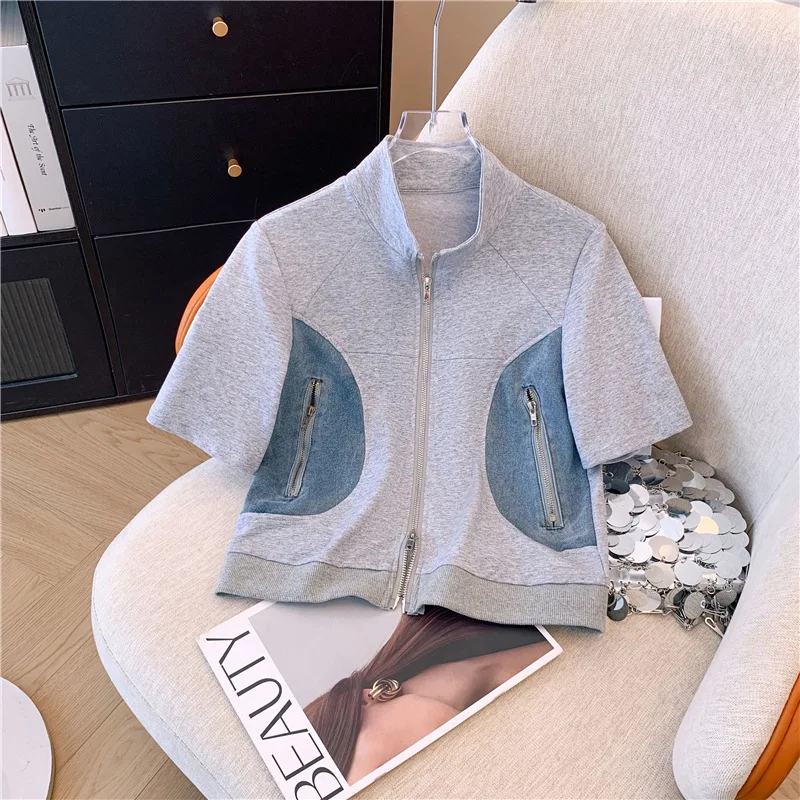 2024 Summer New Stitched Zipper T-shirt top Female Set Elegant Women\'s Jeans Casual Blouse Two Piece Set Ladies Tracksuits big