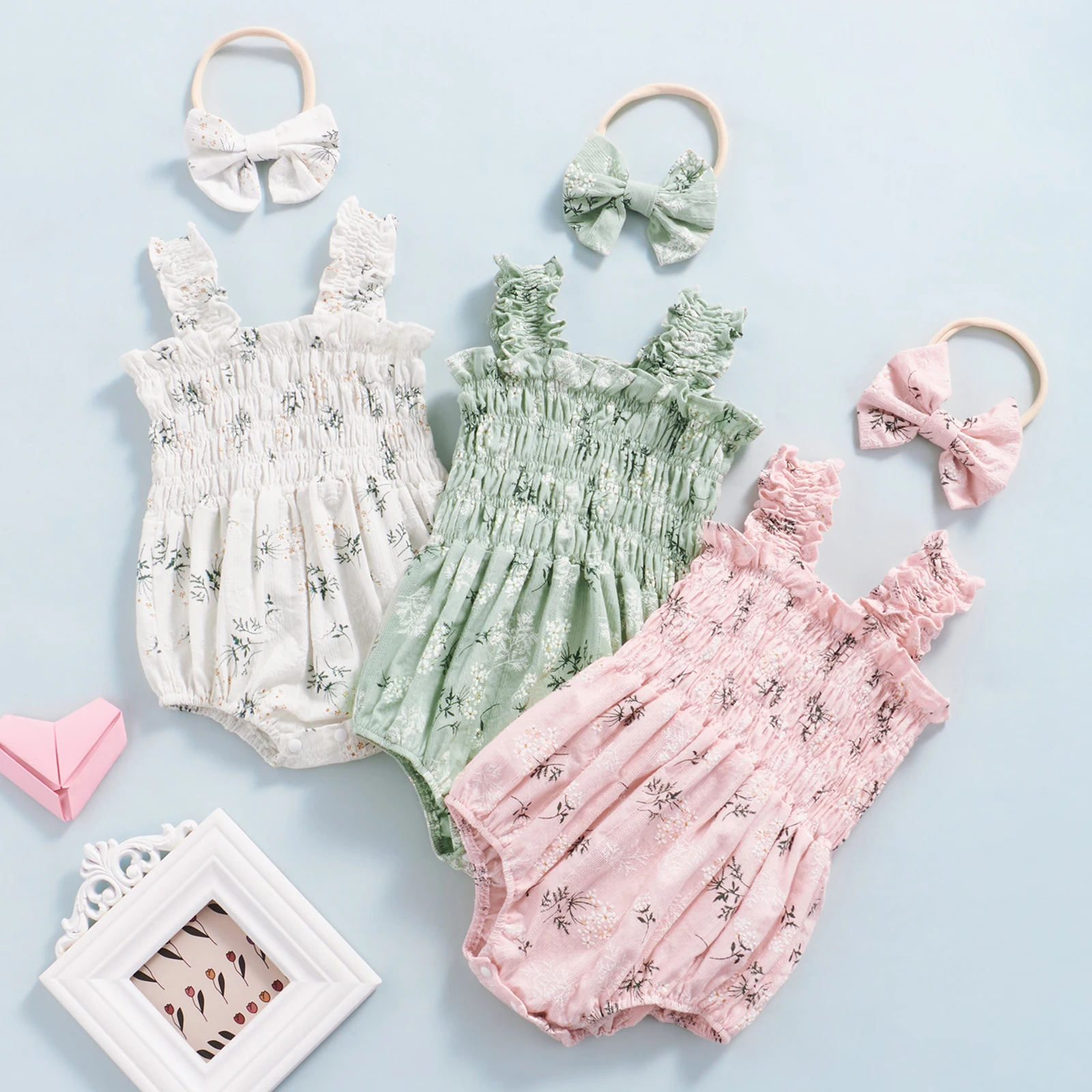 

Summer Princess Baby Girl Sleeveless Jumpsuit Floral Print Straps Romper Bow Headband Flower Bodysuits Sunsuits Clothes