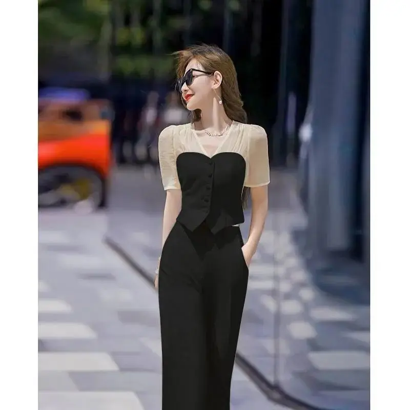 Fashionable Women\'s Set 2023 New Spring/Summer New Temperament V-Neck Panel Top+High Waist Wide Leg Pants Two Piece Set