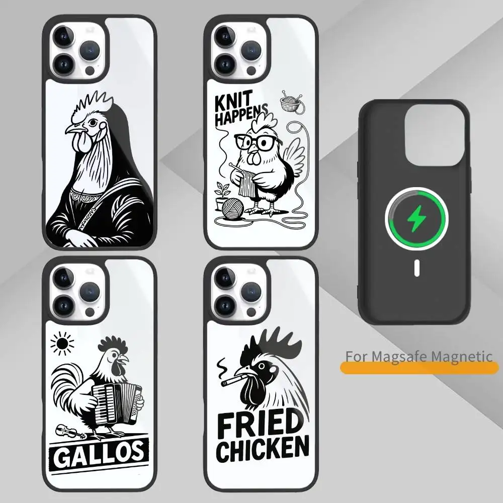 เคสโทรศัพท์ลายไก่สีดำขาว สำหรับ iPhone17,16,15,14,13 Plus,Pro Max รองรับการชาร์จไร้สายแบบแม่เหล็ก Magsafe