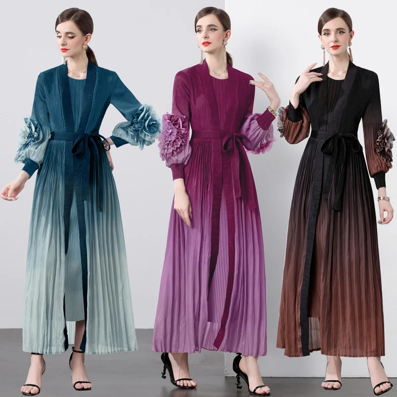 

Элегантный дизайн, новая модель весенне-осеннего женского пальто с поясом, плиссированная прямая юбка с цветочным принтом, универсальный художественный стиль, полиэстер.