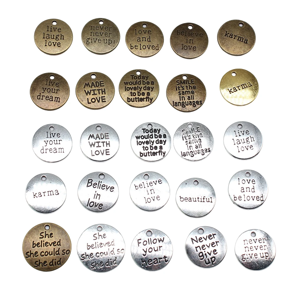 10pcs Round Inspire Nameplate Live Laugh Love Live Your Dream Never Give Up Karma Charms For Jewelry Making Diy Crafts Making