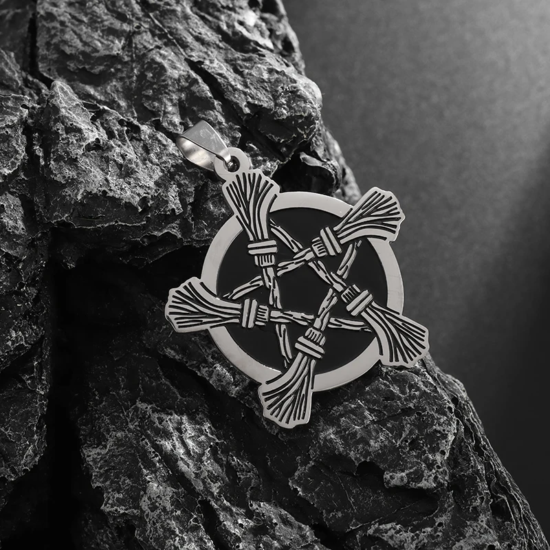 Stainless Steel Witch Witchcraft Broom Pentagram Pendant Necklace for Men Women Vintage Religious Amulet Jewelry