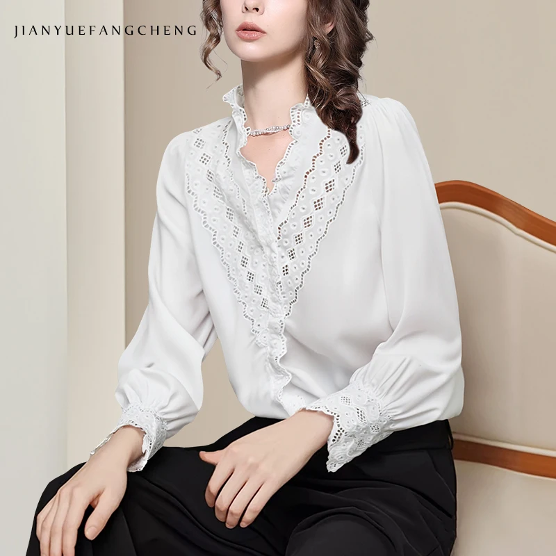 

Элегантная женская белая полая блузка с вышивкой во французском стиле, с длинным рукавом и v-образным вырезом, свободная рабочая повседневная рубашка, топ, новинка осени 2023 г.