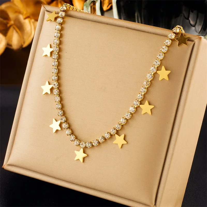 

10 Pieces Stainless Steel Star Pendant Water Diamond Chain Personalized Design Necklace Bracelet Set Fashion Jewelry for Women