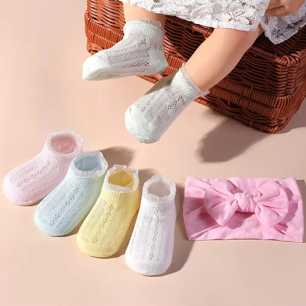 Newborns Soft Headband Socks Set Casual Baby Lace Socks Sets Elastic Solid Color Head Band for Infant Kids Hairwear Accessories