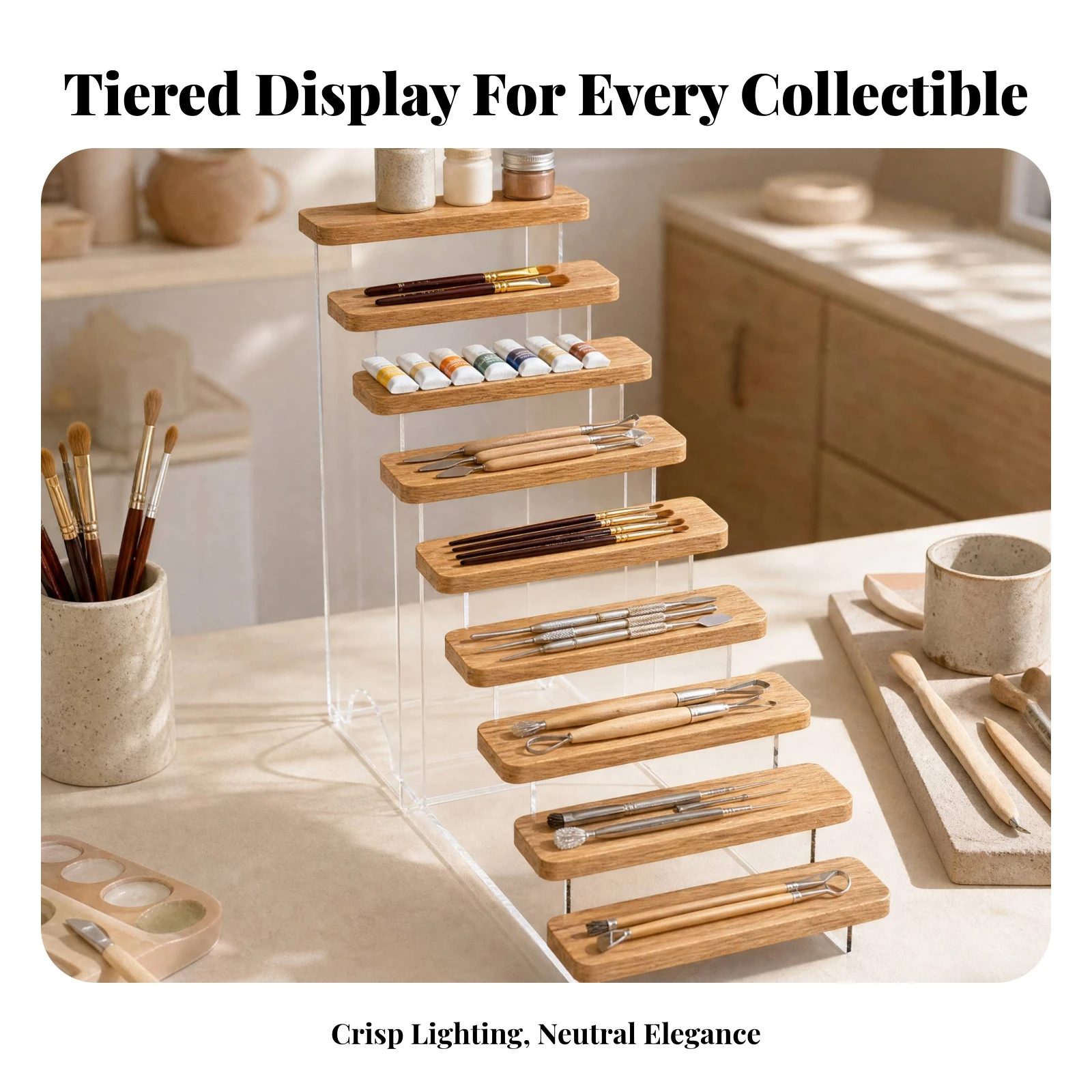 Stepped Desktop Display Rack Sturdy Wood-Tone Shelf Rack with Acrylic Supports Freestanding Tiered Organizer Slim Elegant