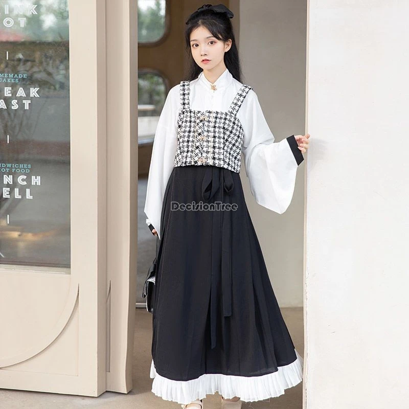 Hanfu Cina modern ditingkatkan, tiga potong set kerah berdiri lengan panjang blus rompi kotak-kotak gaun panjang harian longgar hanfu w831 2024